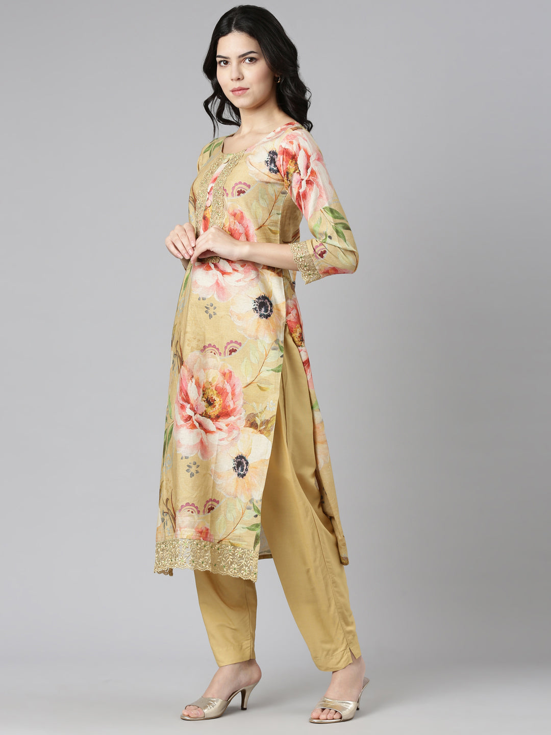 Neerus Yellow printed straight kurta set with dupatta - back view