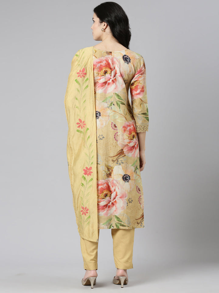 Neerus Yellow printed straight kurta set with dupatta - side view