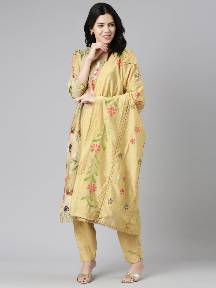 Neerus Yellow printed straight kurta set with dupatta - detail view 2
