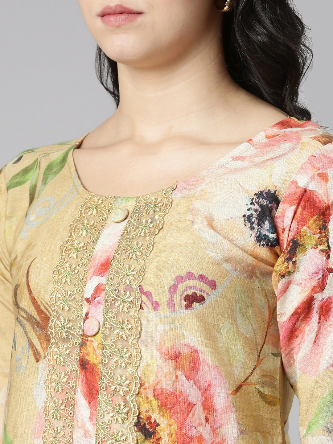 Neerus Yellow printed straight kurta set with dupatta - detail view 1