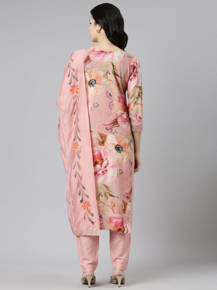 Neerus Pink printed straight kurta set with dupatta - side view