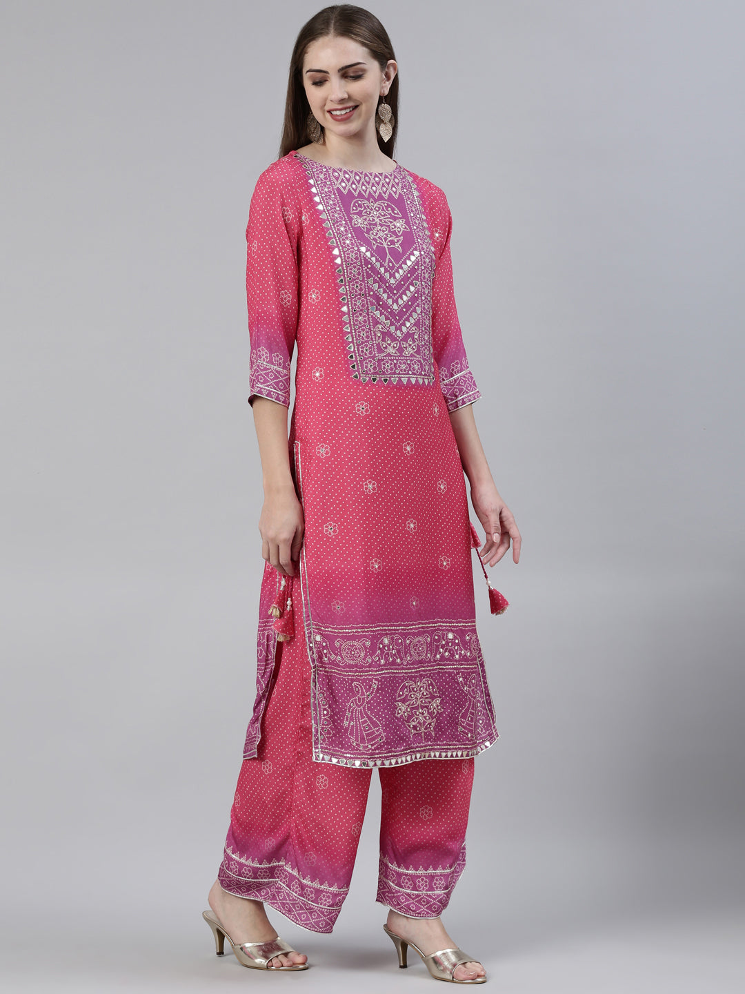 Neerus Pink Viscose Rayon Printed Kurta Set with Palazzo and Dupatta - back view