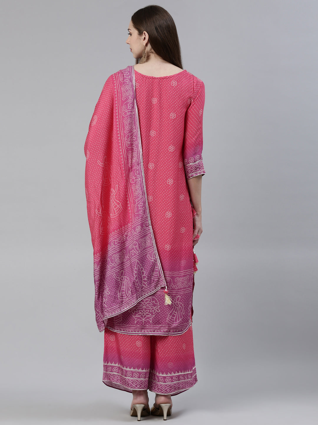 Neerus Pink Viscose Rayon Printed Kurta Set with Palazzo and Dupatta - side view