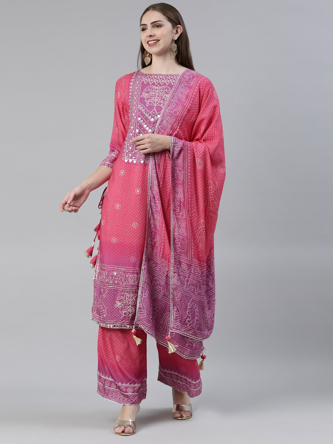 Neerus Pink Viscose Rayon Printed Kurta Set with Palazzo and Dupatta - front view