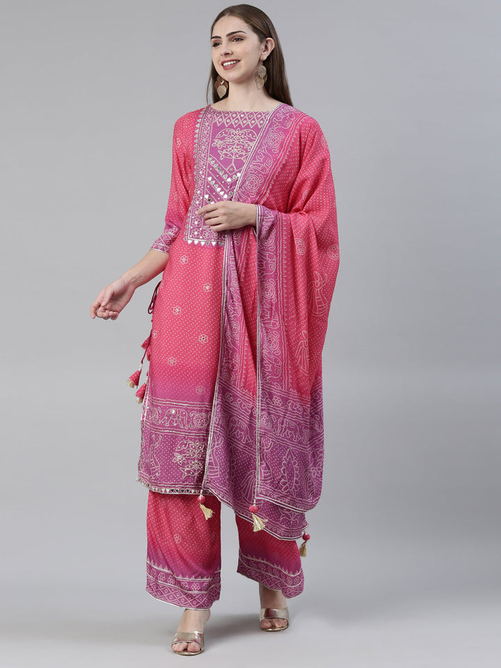 Neerus Pink Viscose Rayon Printed Kurta Set with Palazzo and Dupatta - front view