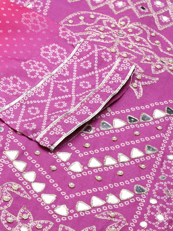 Neerus Pink Viscose Rayon Printed Kurta Set with Palazzo and Dupatta - detail view 2