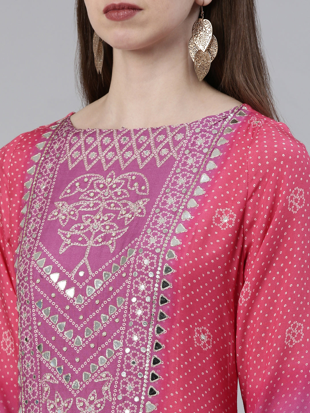 Neerus Pink Viscose Rayon Printed Kurta Set with Palazzo and Dupatta - detail view 1