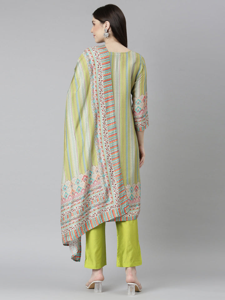 Neerus Green printed chevron kurta set with trouser and dupatta - side view