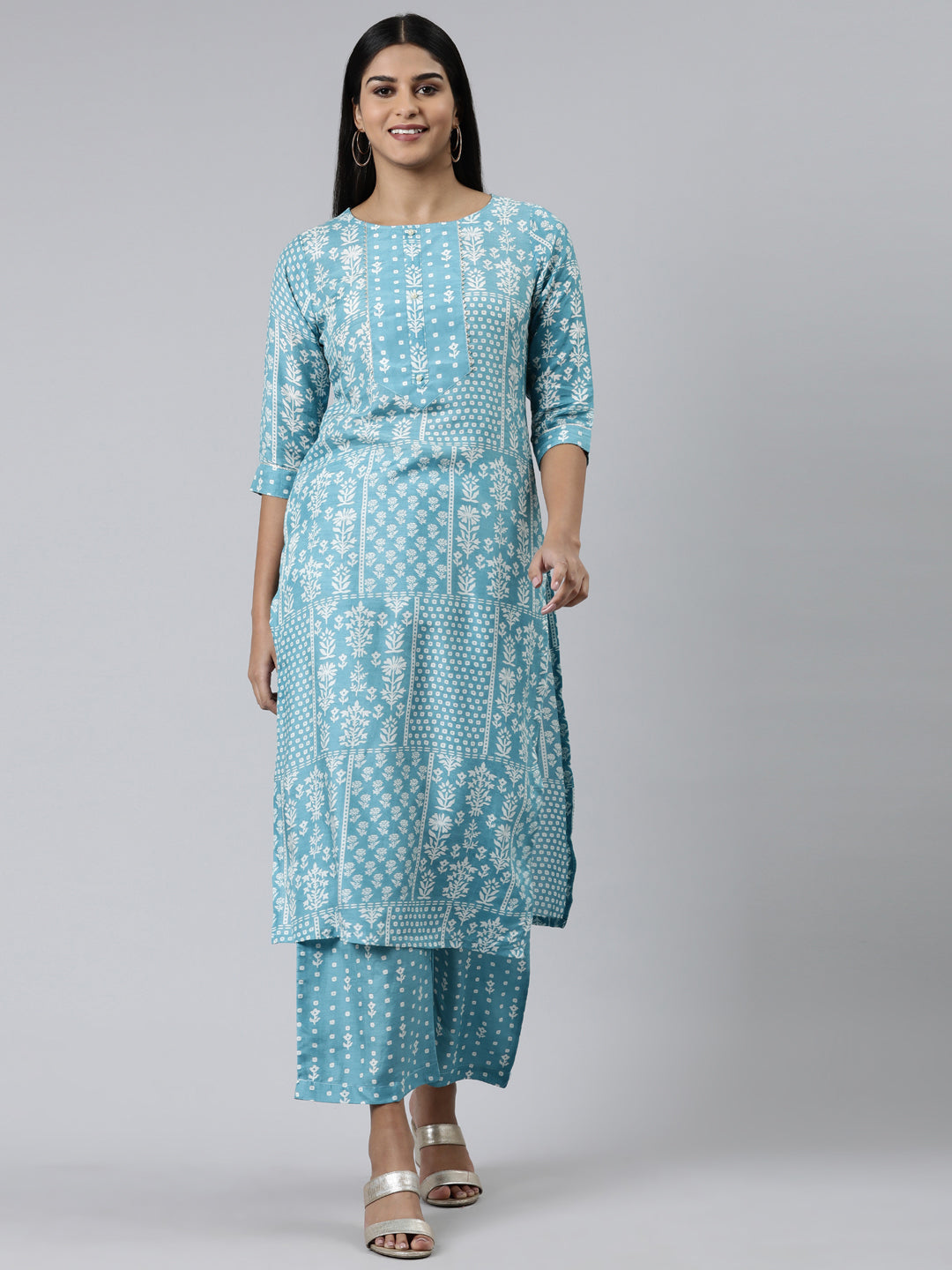 Neerus Green viscose rayon printed kurta set with palazzo - front view