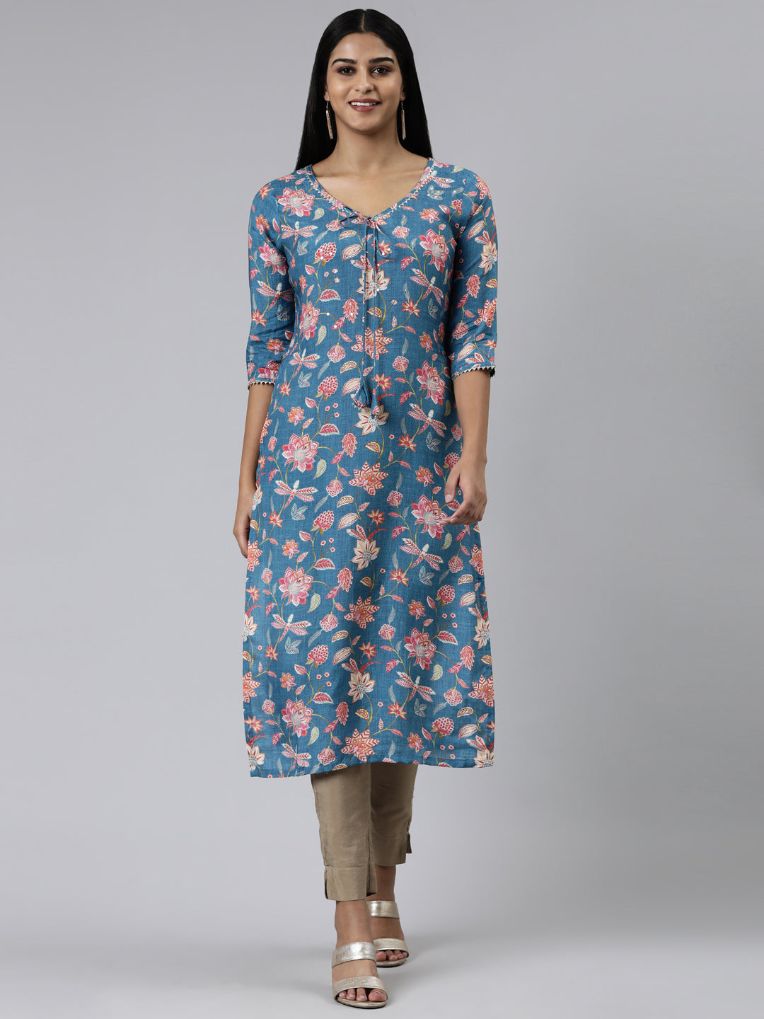Neerus Blue cotton printed kurti straight silhouette - front view