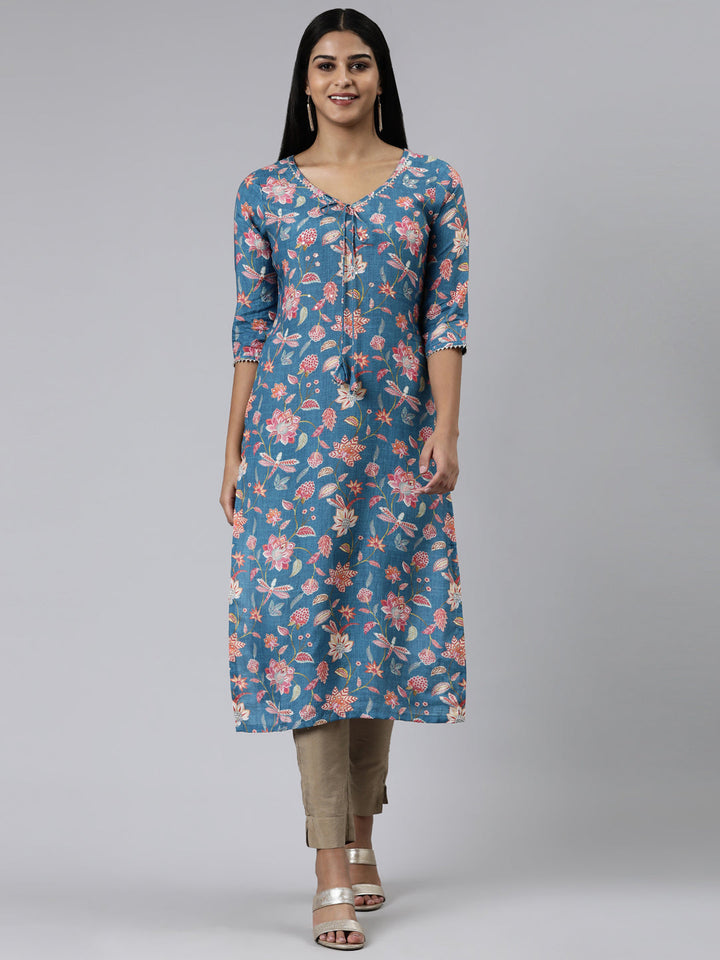 Neerus Blue cotton printed kurti straight silhouette - front view