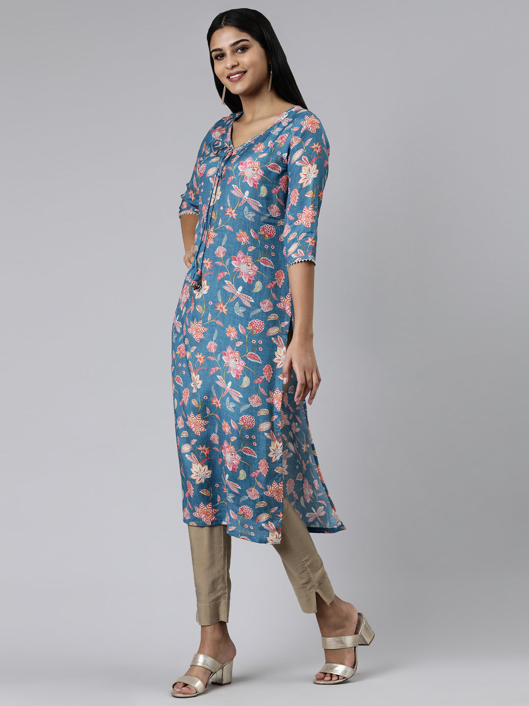 Neerus Blue cotton printed kurti straight silhouette - back view