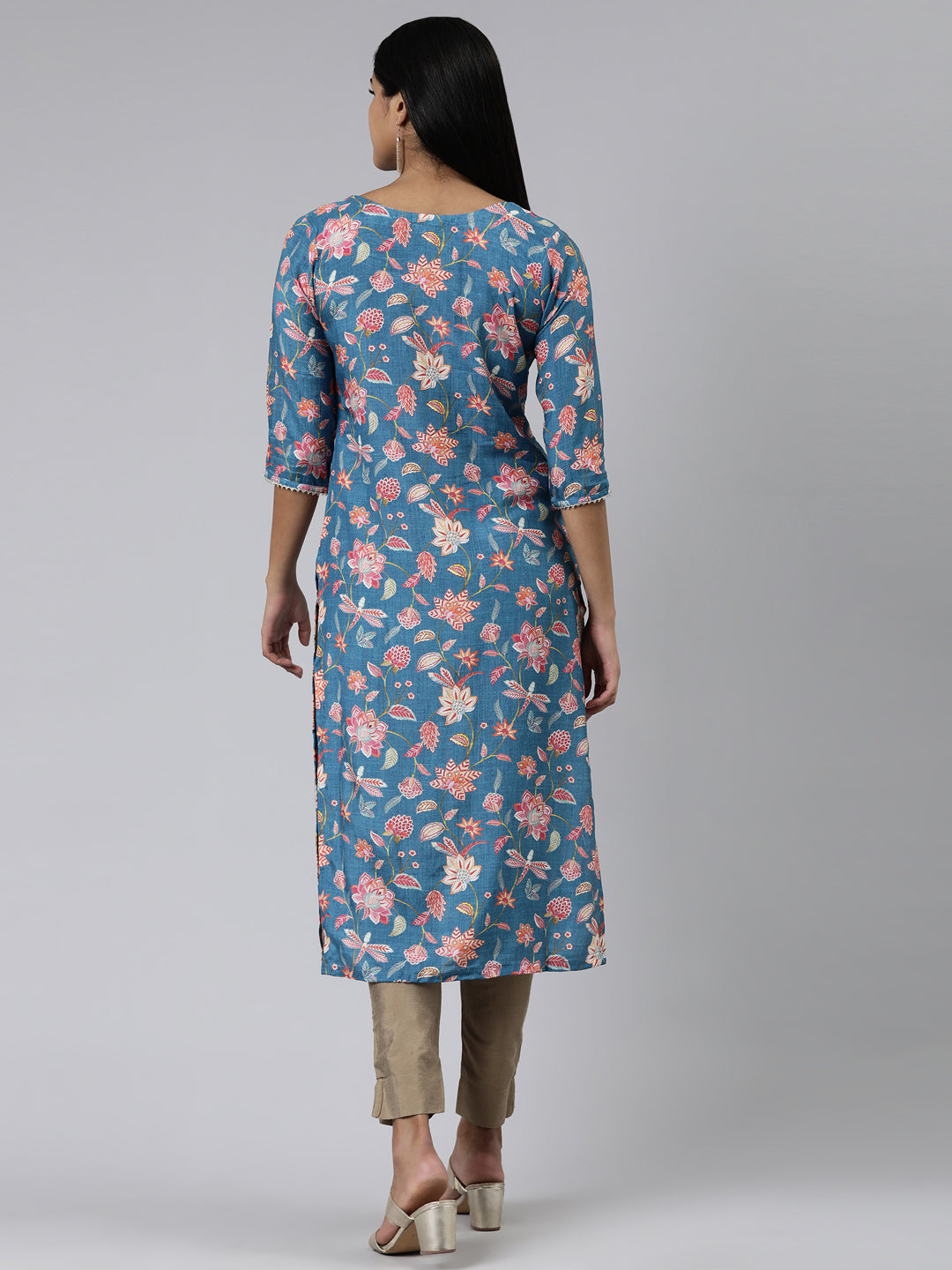 Neerus Blue cotton printed kurti straight silhouette - side view