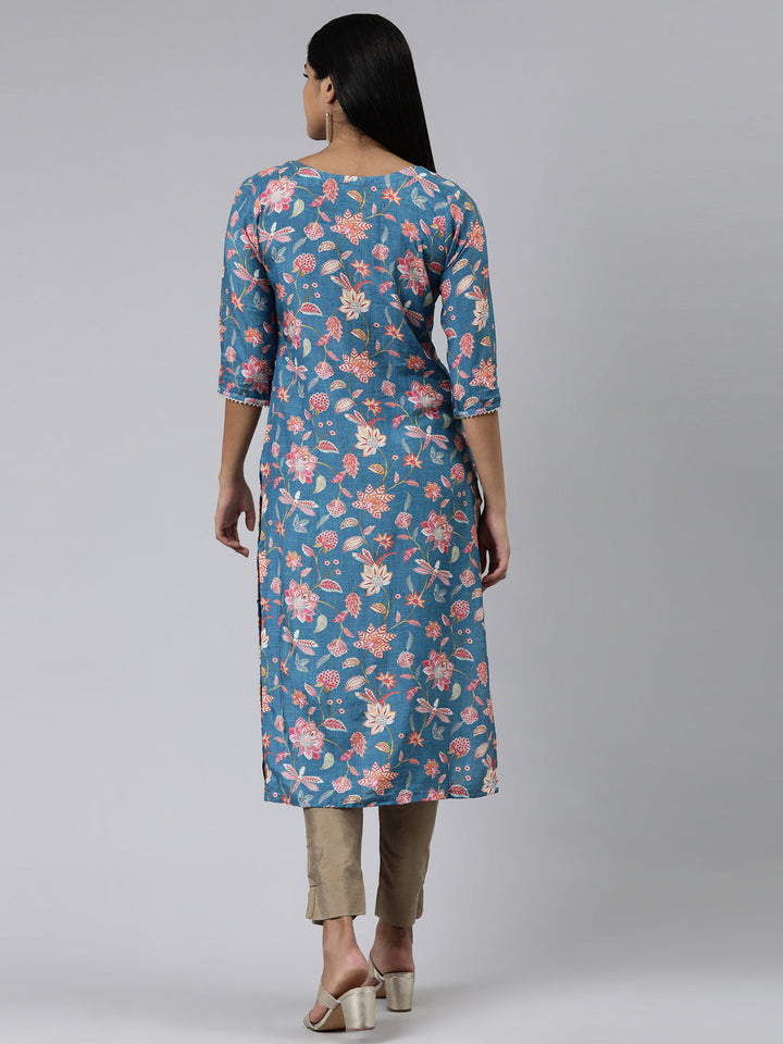 Neerus Blue cotton printed kurti straight silhouette - side view