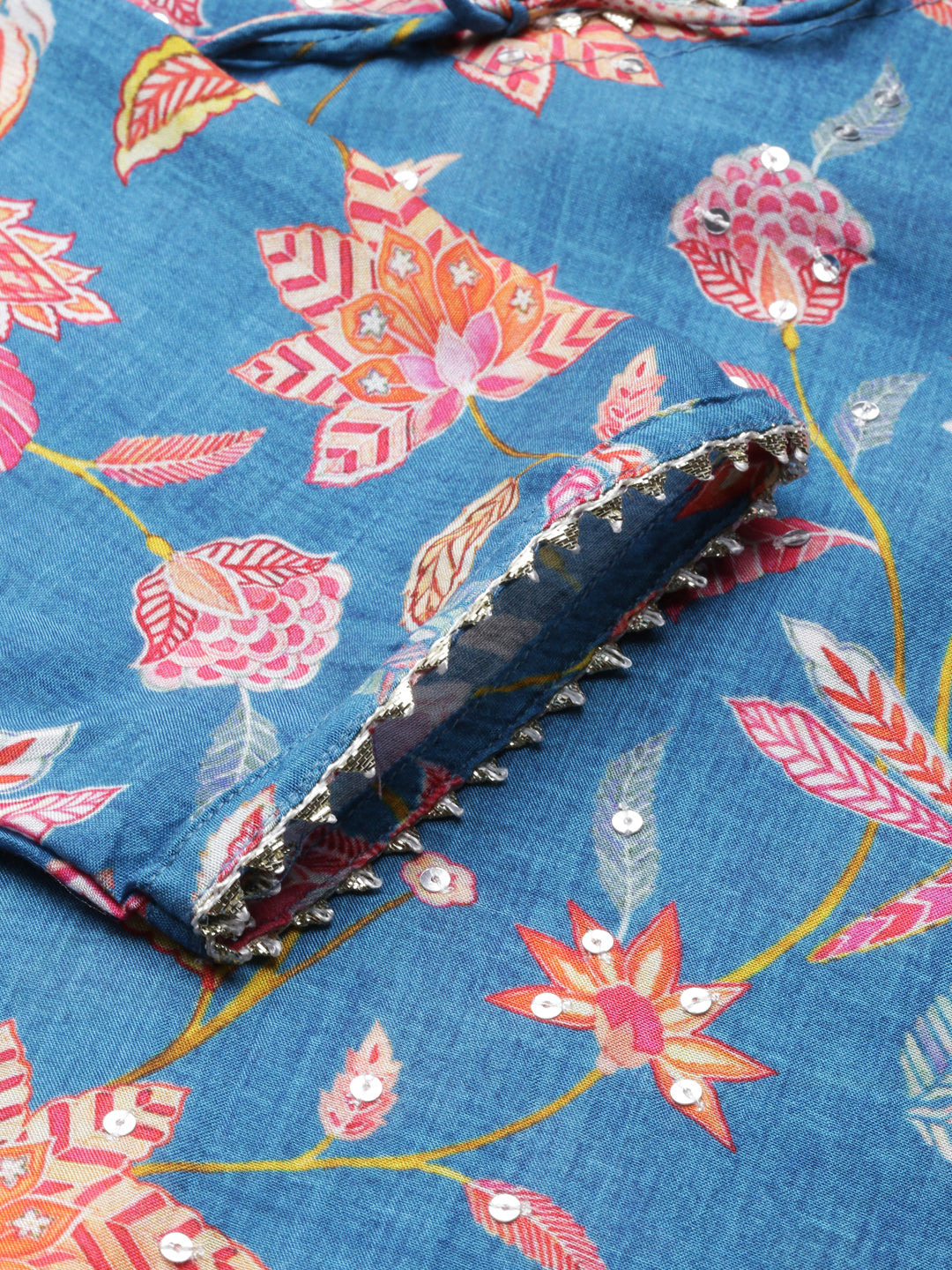 Neerus Blue cotton printed kurti straight silhouette - detail view 1