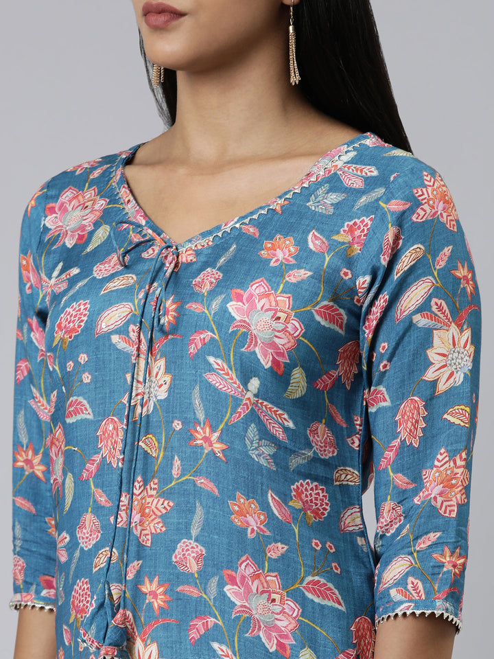 Neerus Blue cotton printed kurti straight silhouette - detail view 2