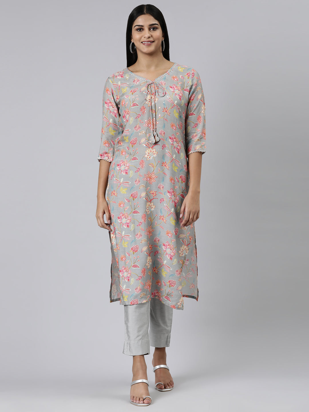 Neerus Grey cotton printed kurti straight silhouette - front view