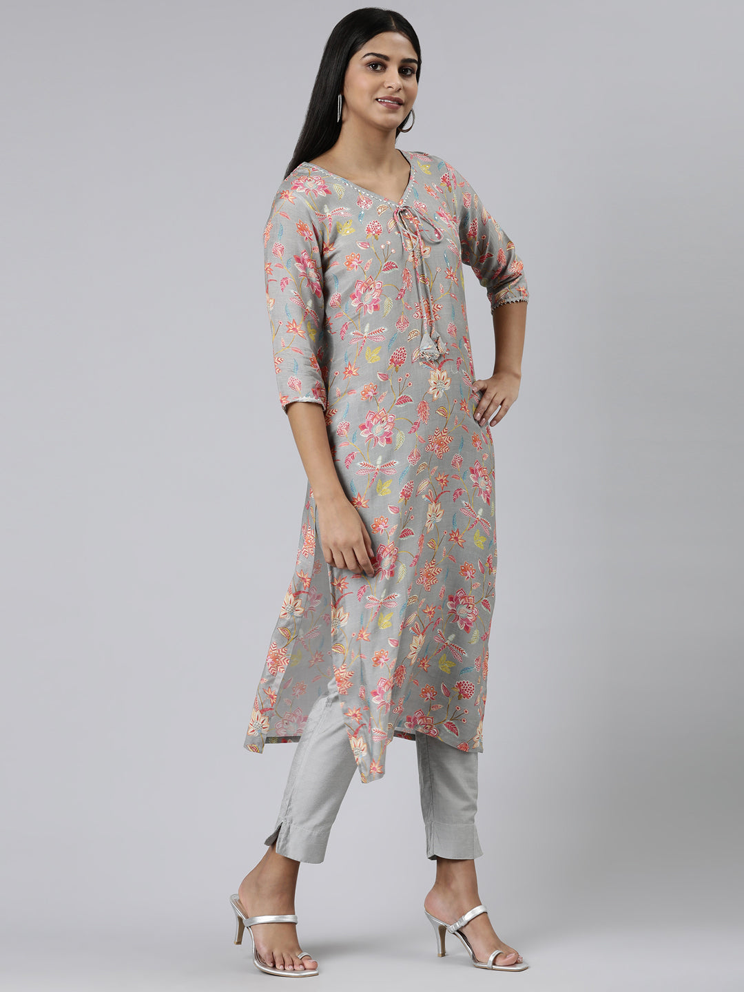 Neerus Grey cotton printed kurti straight silhouette - back view