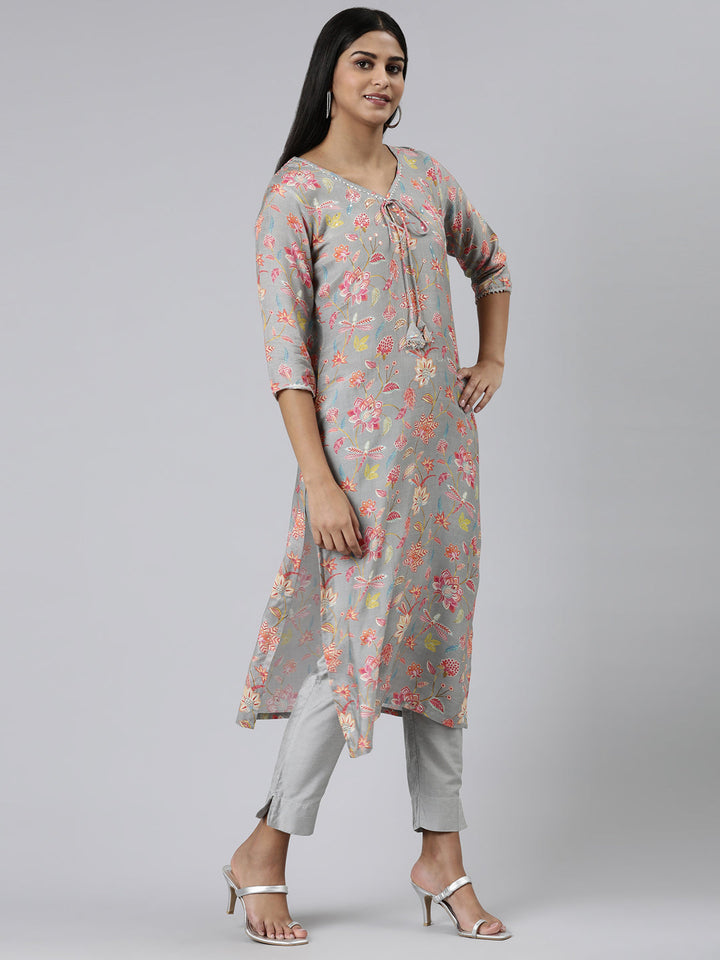 Neerus Grey cotton printed kurti straight silhouette - back view