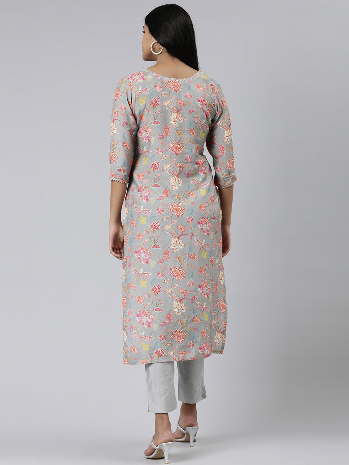 Neerus Grey cotton printed kurti straight silhouette - side view