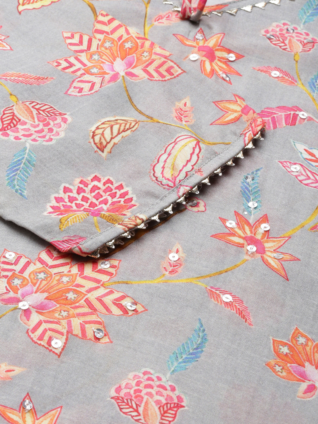 Neerus Grey cotton printed kurti straight silhouette - detail view 1