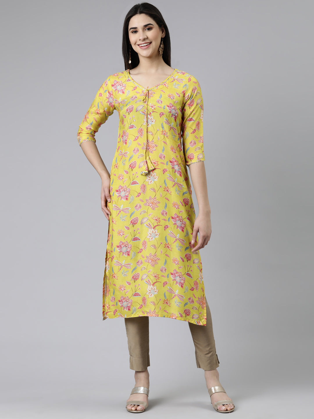 Neerus Yellow cotton printed kurti - front view