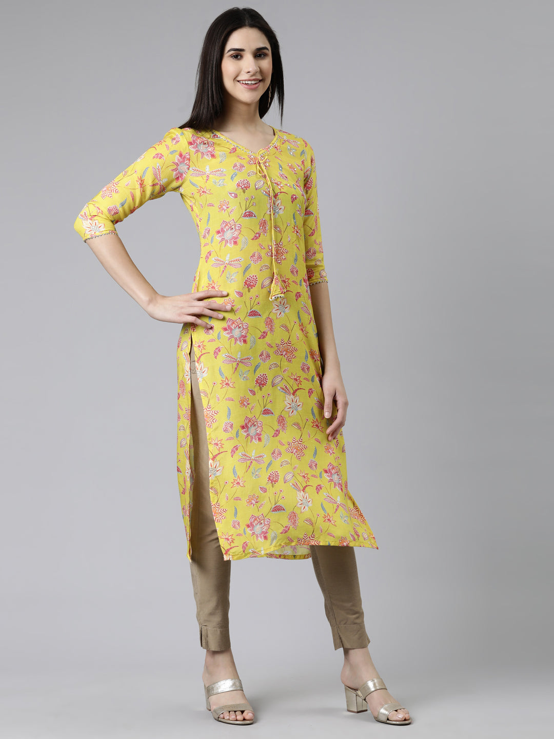 Neerus Yellow cotton printed kurti - back view