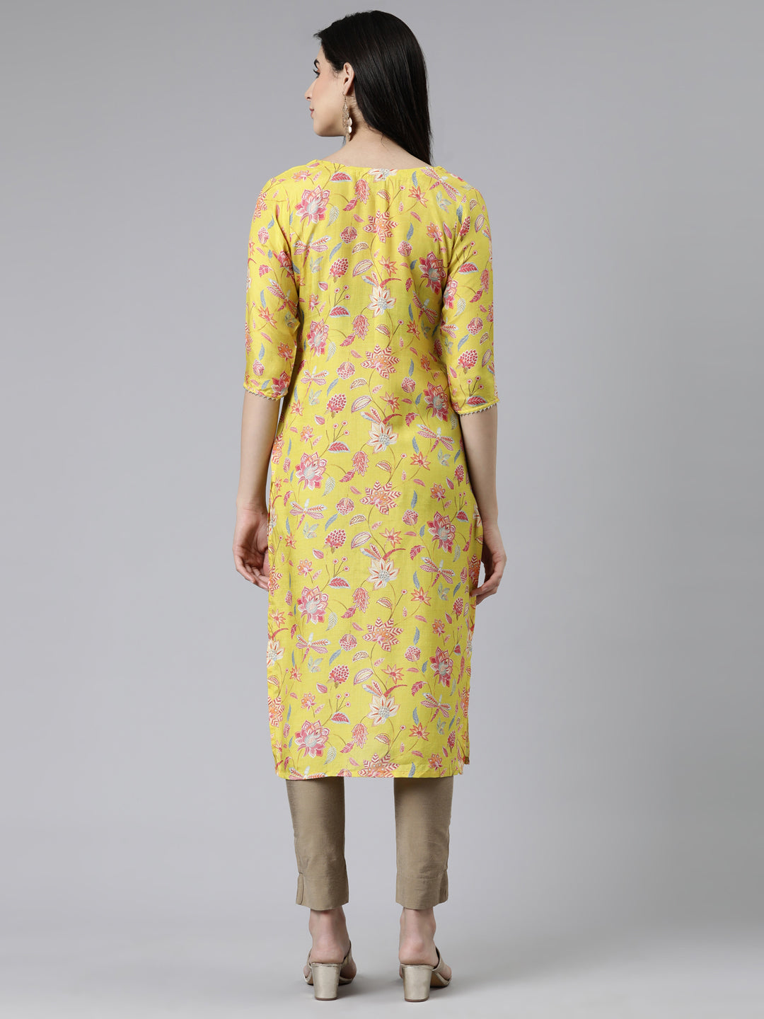 Neerus Yellow cotton printed kurti - side view