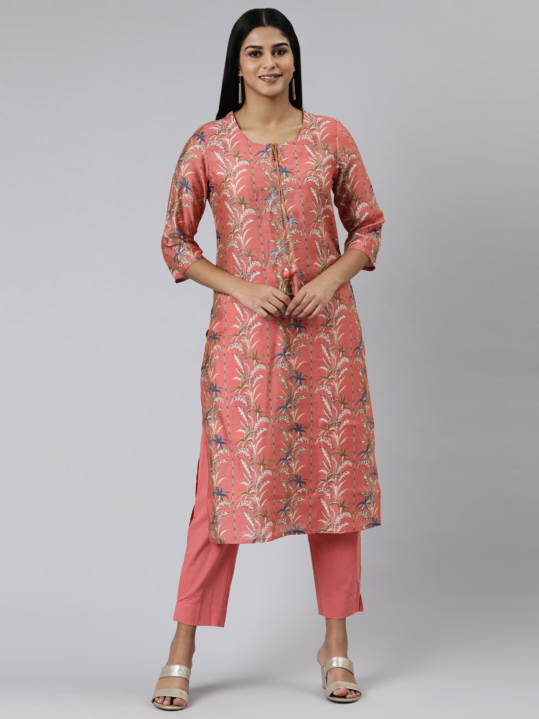 Neerus Pink printed kurta set with solid trousers - front view