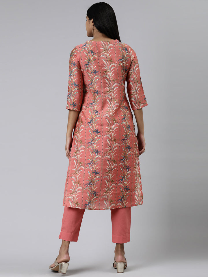 Neerus Pink printed kurta set with solid trousers - side view