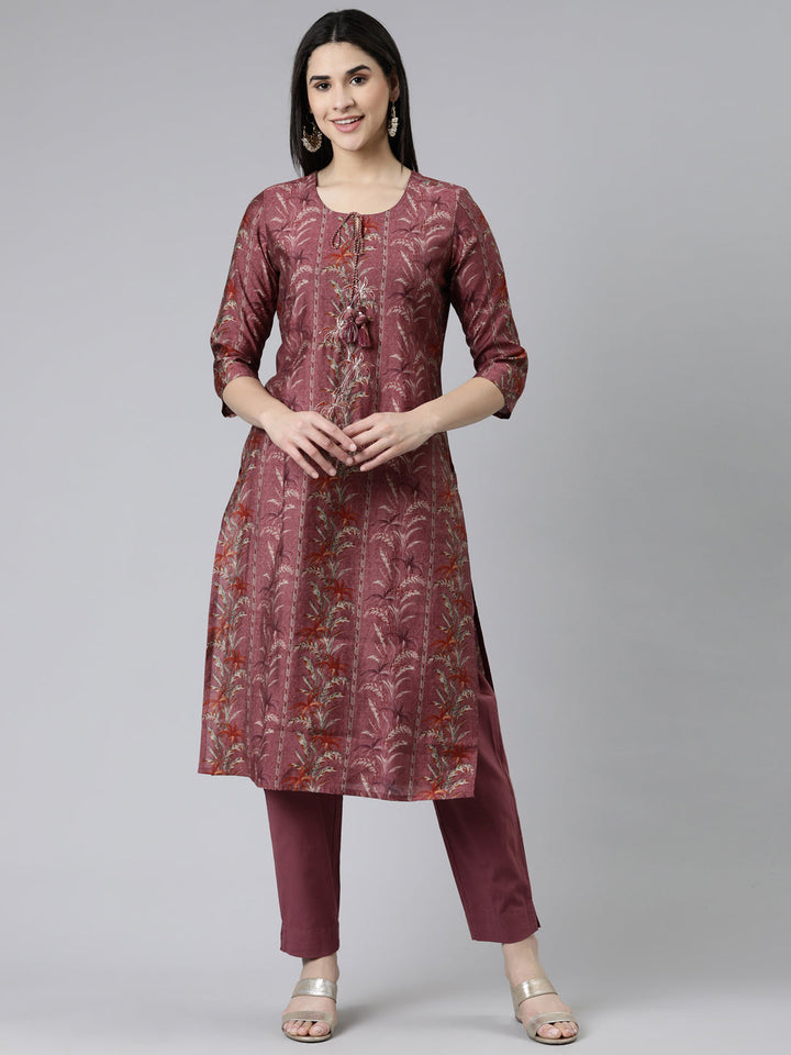 Neerus Grey printed straight kurta set with trousers - front view