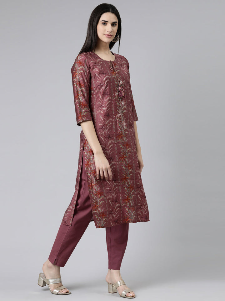 Neerus Grey printed straight kurta set with trousers - back view