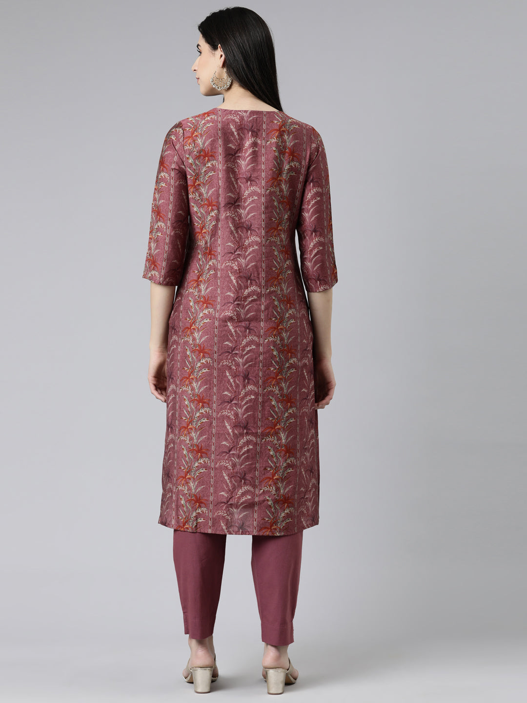 Neerus Grey printed straight kurta set with trousers - side view