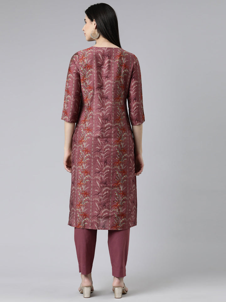 Neerus Grey printed straight kurta set with trousers - side view