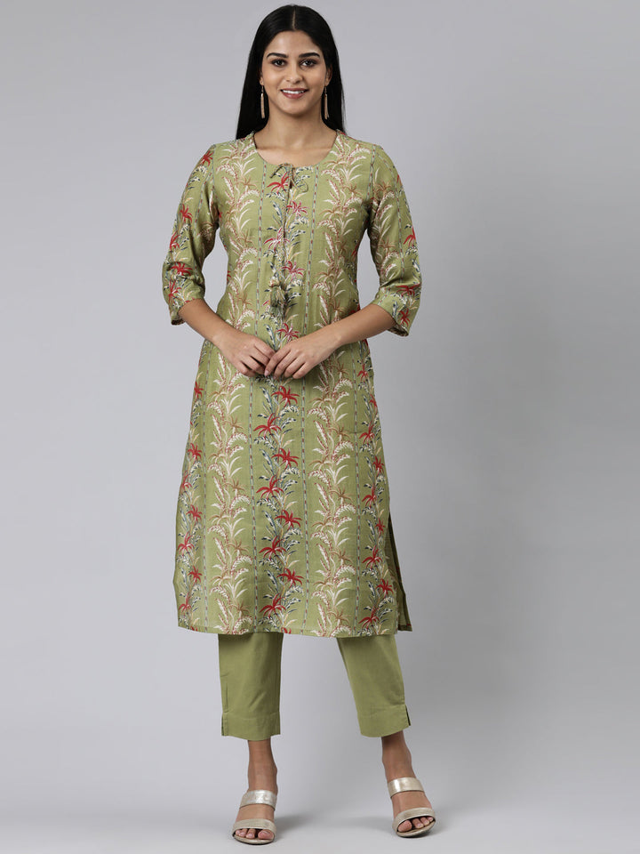 Neerus Green printed straight kurta set with trousers - front view