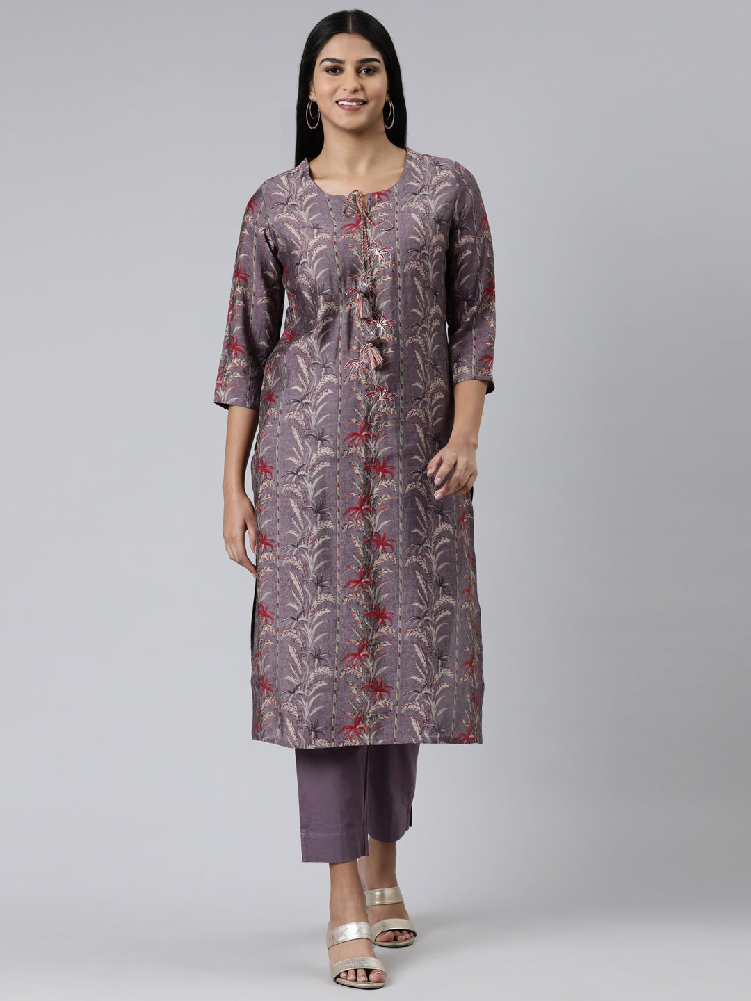 Neerus Purple printed straight kurta set with trousers - front view