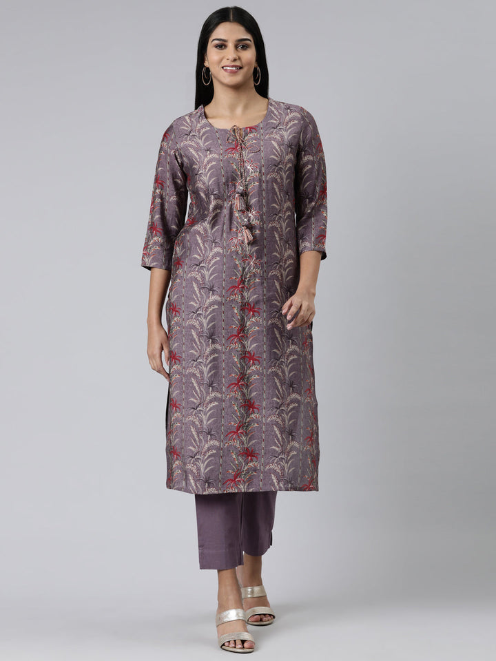 Neerus Purple printed straight kurta set with trousers - front view