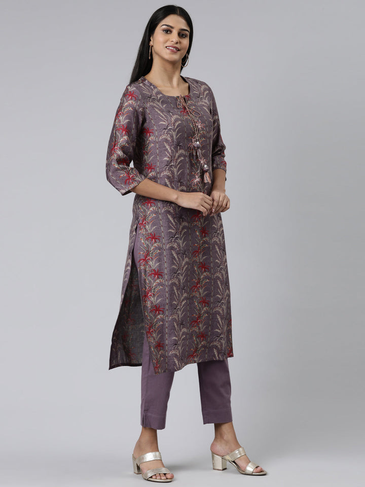 Neerus Purple printed straight kurta set with trousers - back view