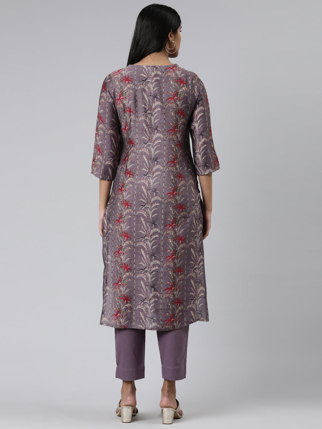 Neerus Purple printed straight kurta set with trousers - side view