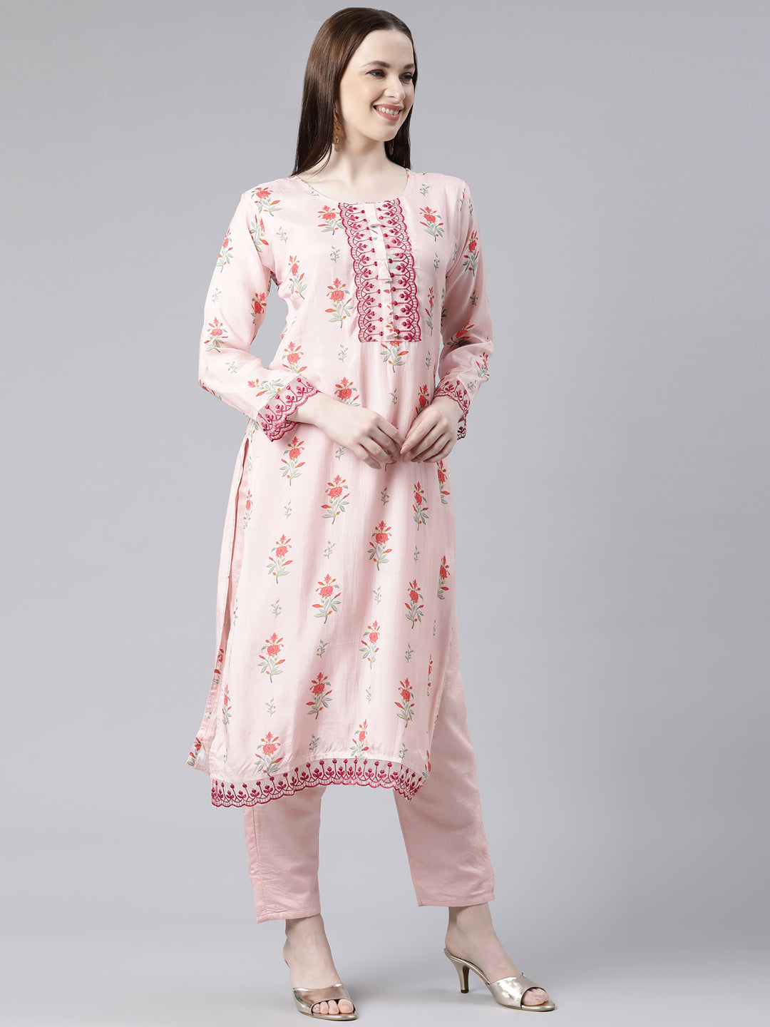Neerus Orange viscose rayon embroidered kurta set - back view