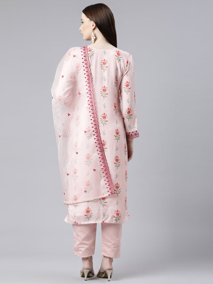 Neerus Orange viscose rayon embroidered kurta set - side view