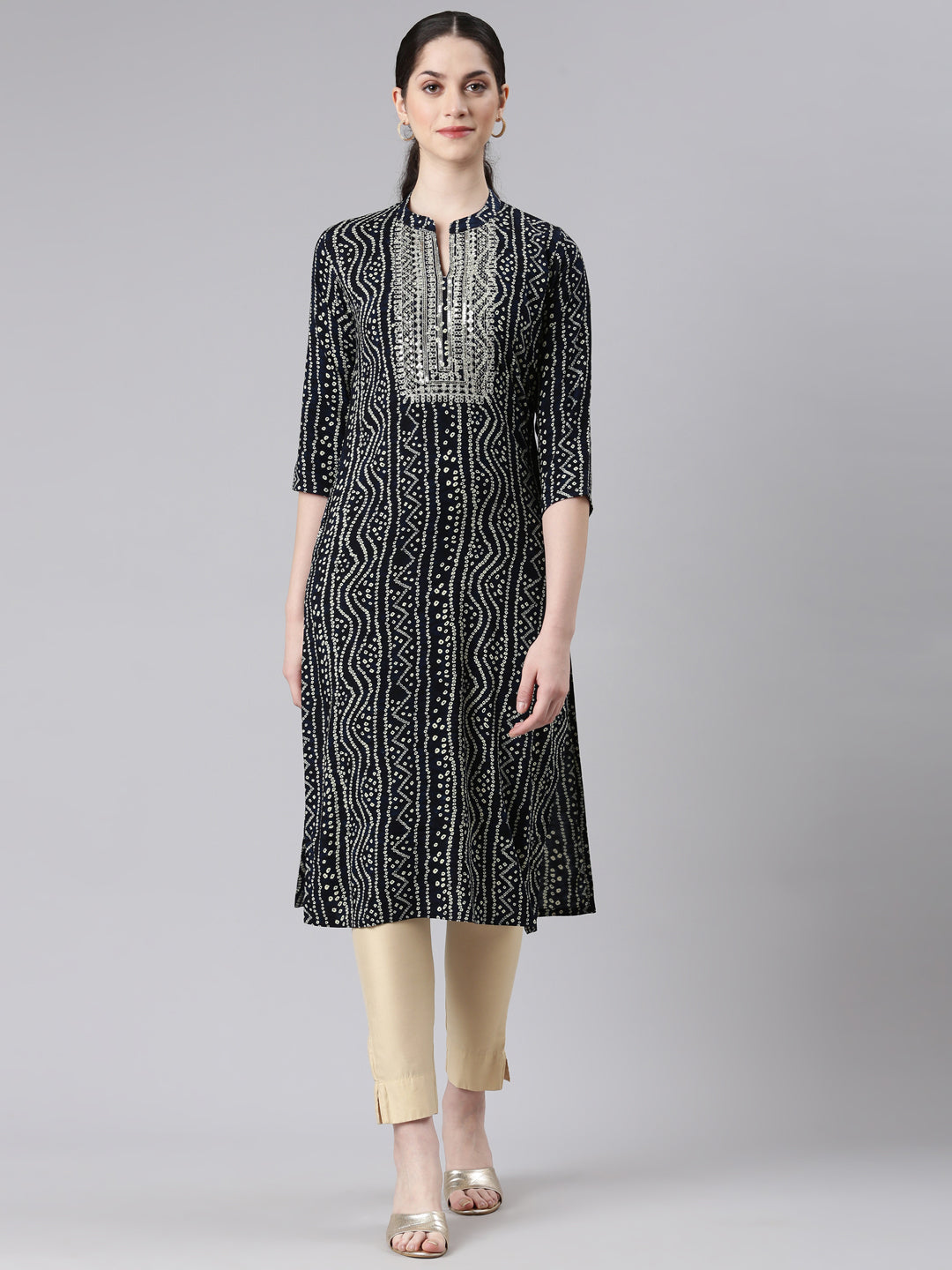 Neerus Blue cotton bandhani printed straight kurta - front view