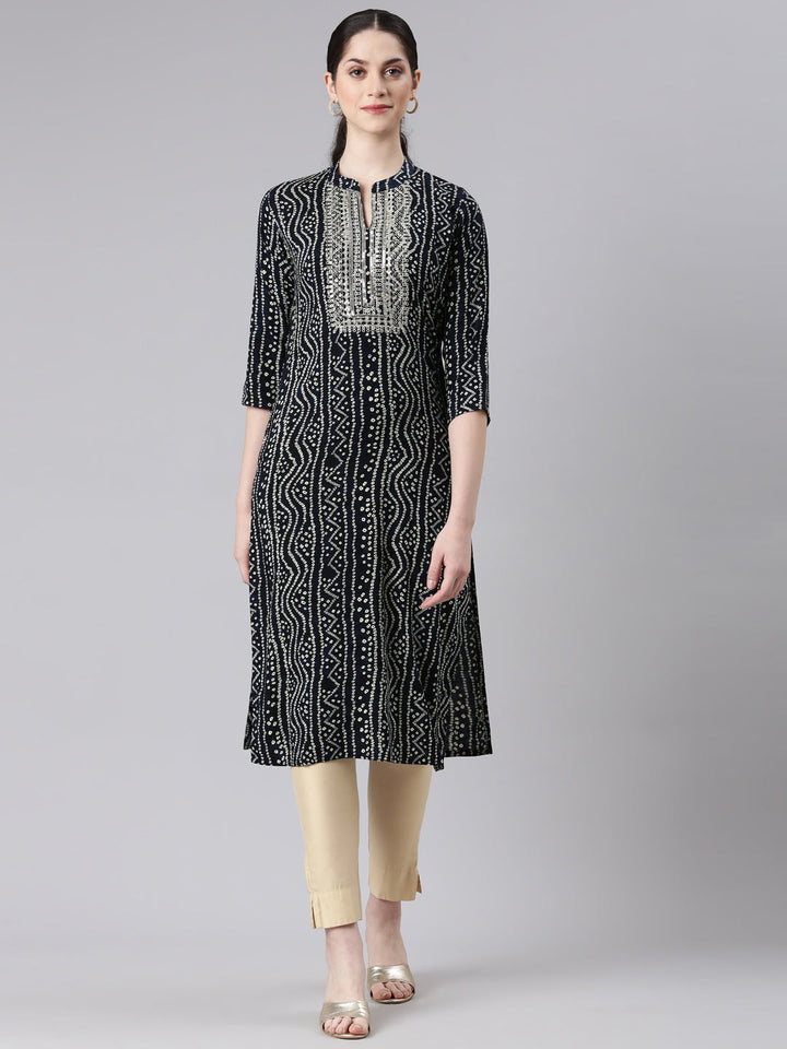 Neerus Blue cotton bandhani printed straight kurta - front view