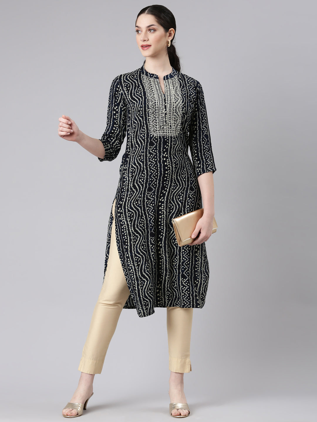Neerus Blue cotton bandhani printed straight kurta - detail view 2