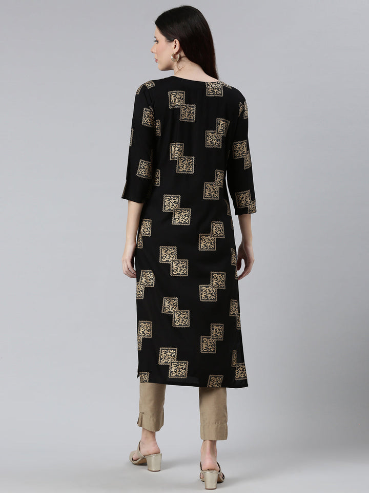 Neerus Black cotton printed kurti - side view