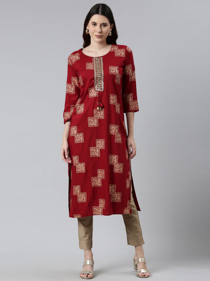 Neerus Maroon rayon printed kurti - front view