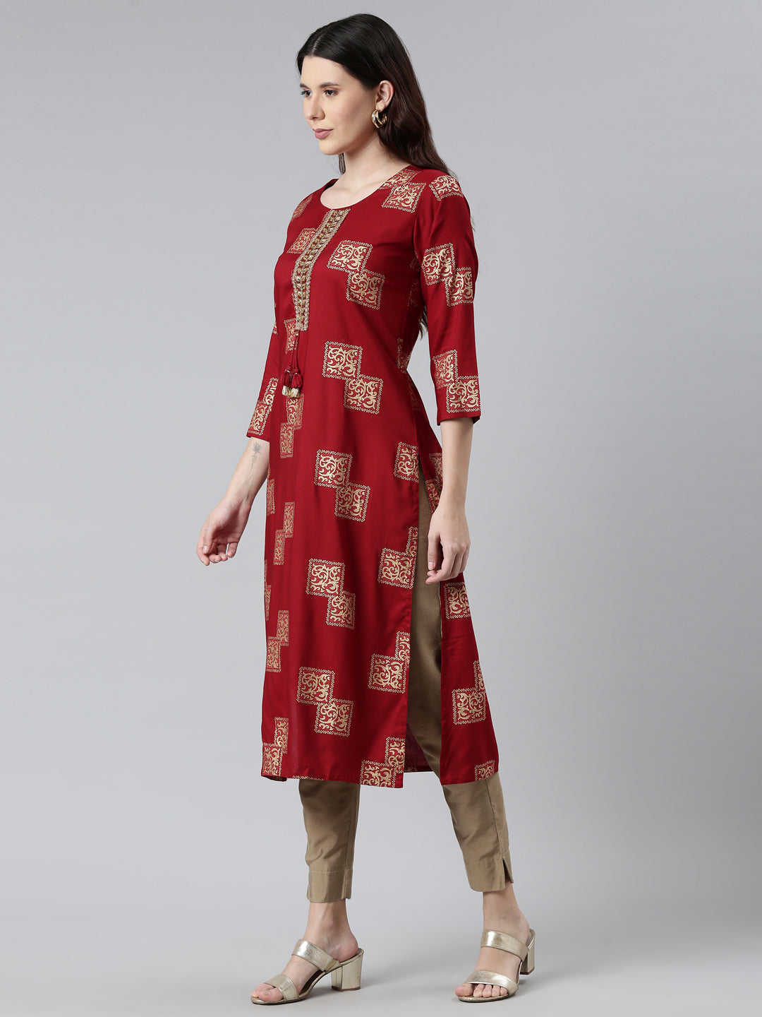 Neerus Maroon rayon printed kurti - back view