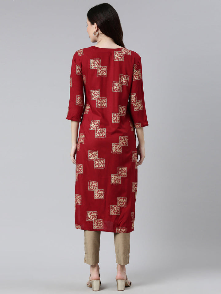 Neerus Maroon rayon printed kurti - side view