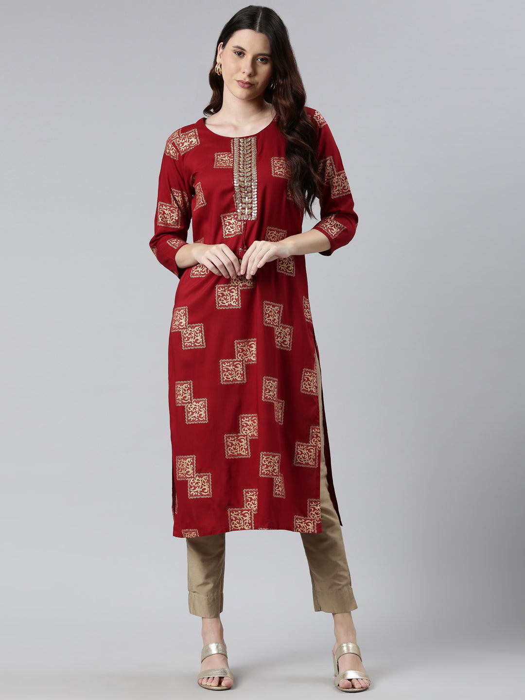 Neerus Maroon rayon printed kurti - detail view 2