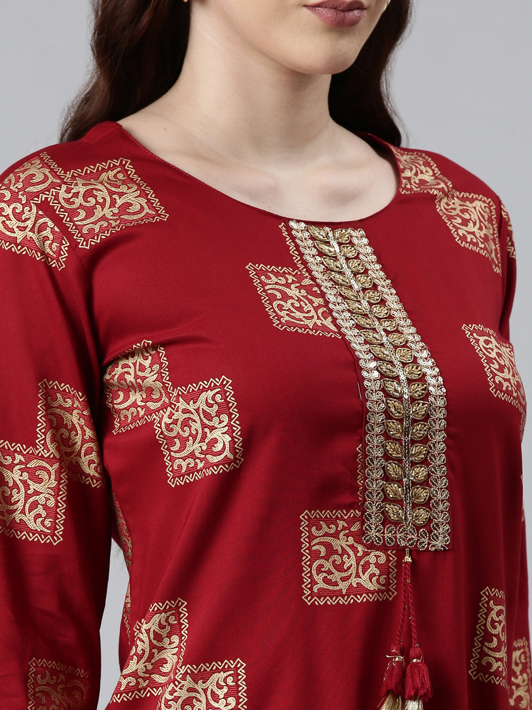 Neerus Maroon rayon printed kurti - detail view 1